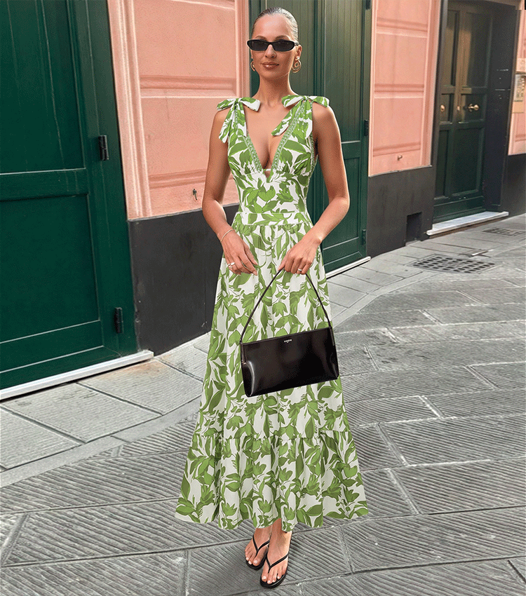 Tie Shoulder Green Leaves Print Swimsuit Set(s)