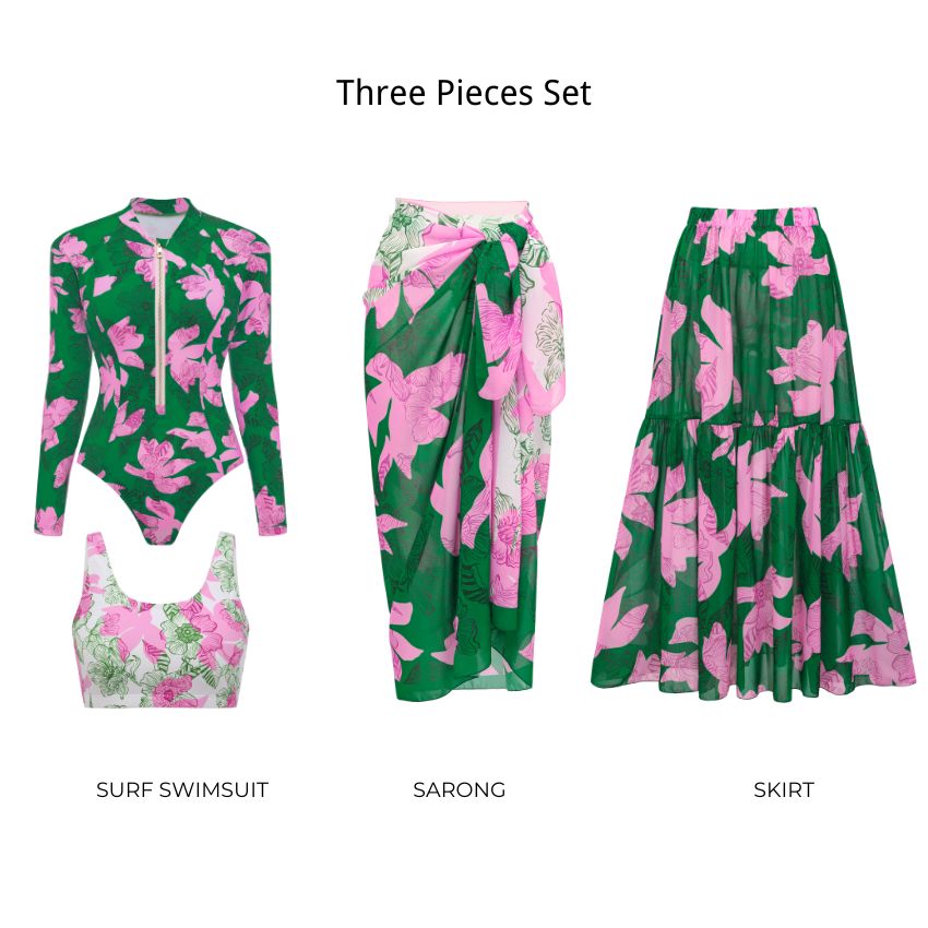 Zipper Printed Long Sleeve Rashguard Swimsuit Set(s)