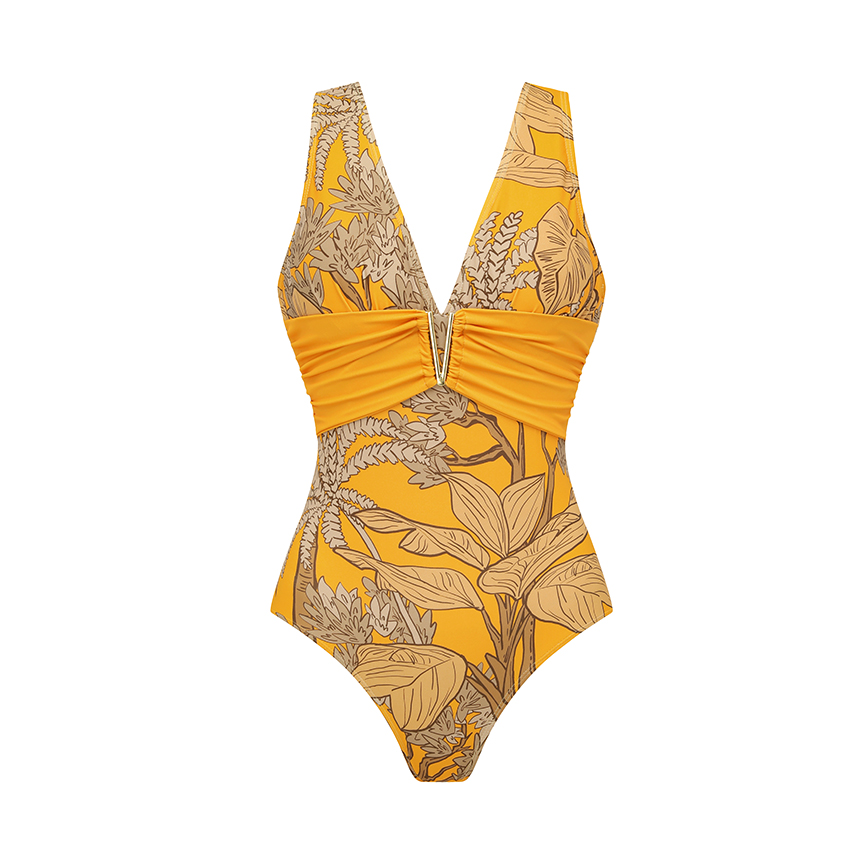 V Neck Yellow Plant Print Swimsuit Set(s)