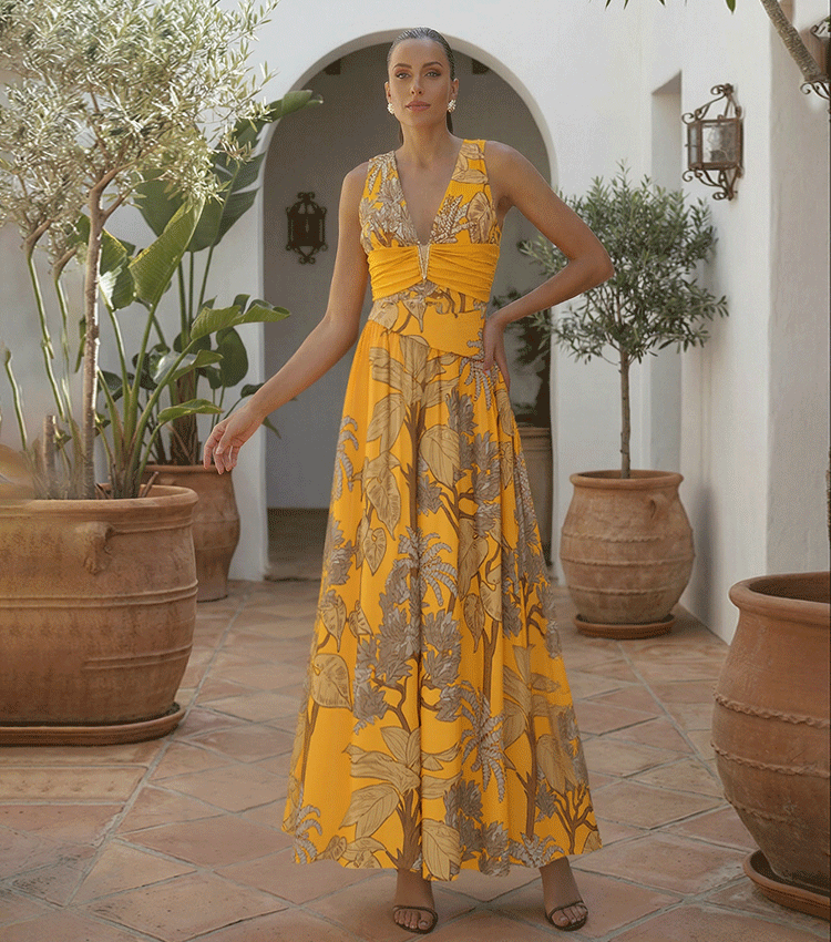 V Neck Yellow Plant Print Swimsuit Set(s)