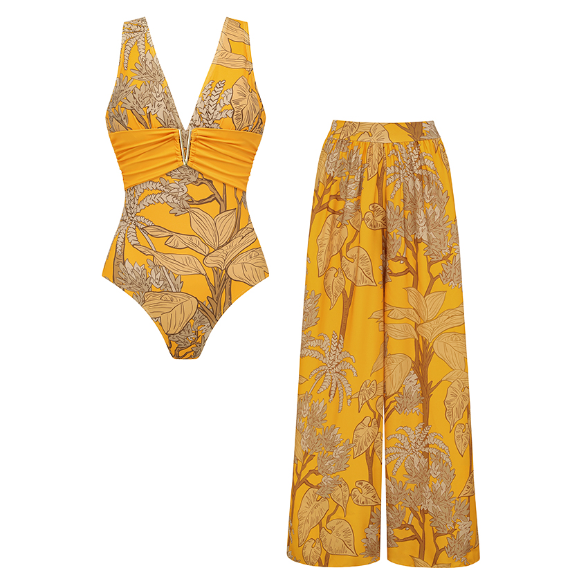 V Neck Yellow Plant Print Swimsuit Set(s)
