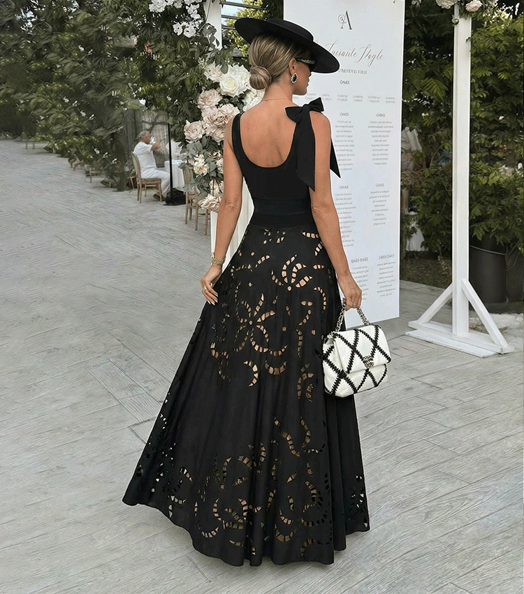 Bow-detailed Black Laser Cutting Flower Swimsuit Set(s)