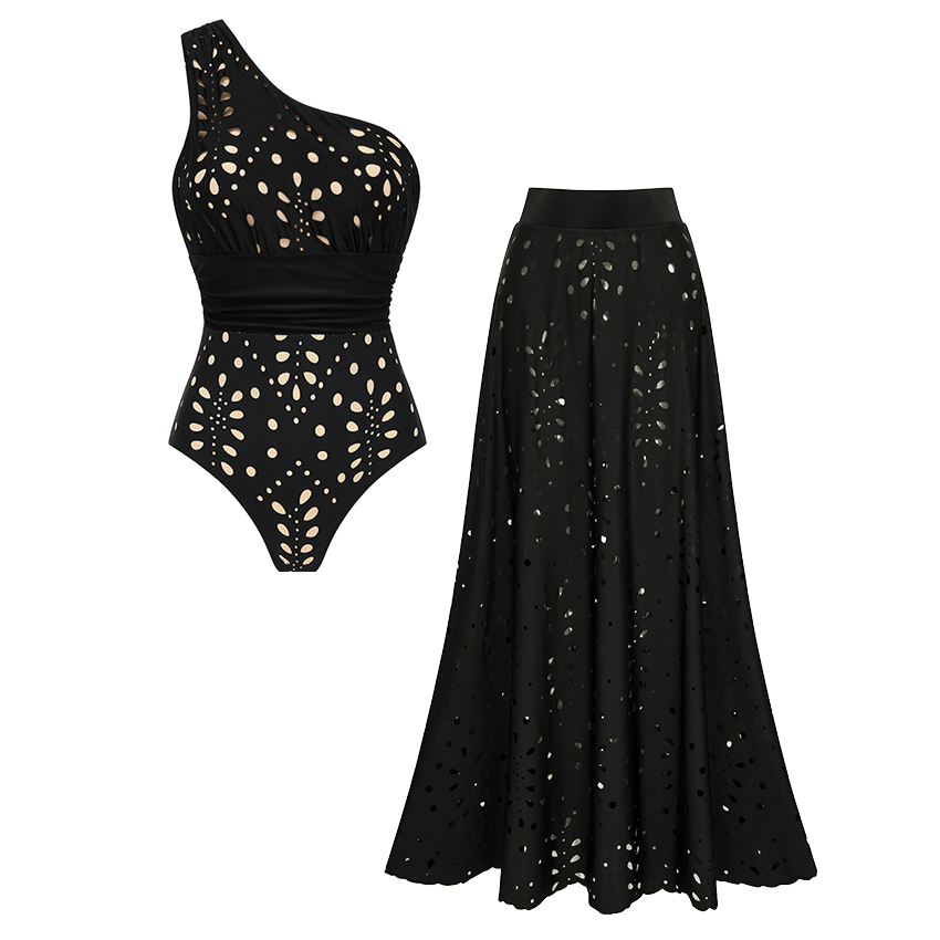 One Shoulder Tummy Control Black Laser Cutting Flower Swimsuit Set(s)
