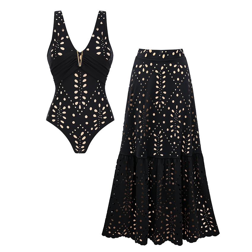 V Neck Black Laser Cutting Flower Swimsuit Set(s)