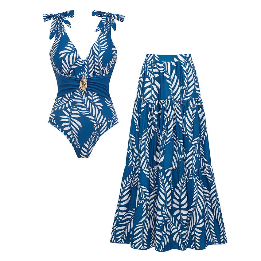 BLUE Sling White Folwer Solid Color Swimsuit Set(s)