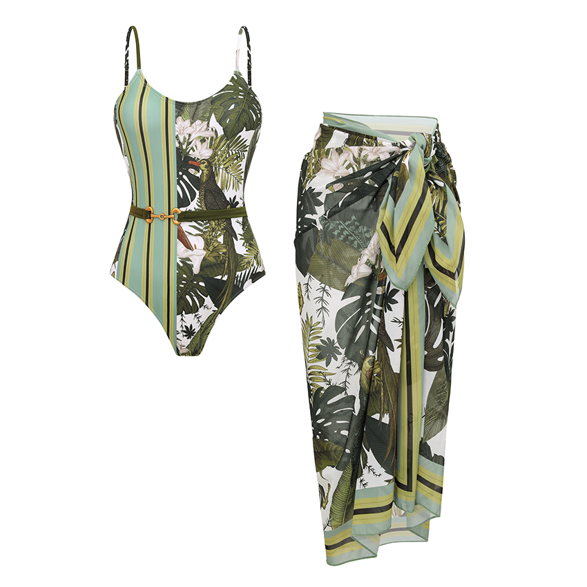 [Copy]Tie-shoulder Blue Leaves Print Swimsuit Set(s)