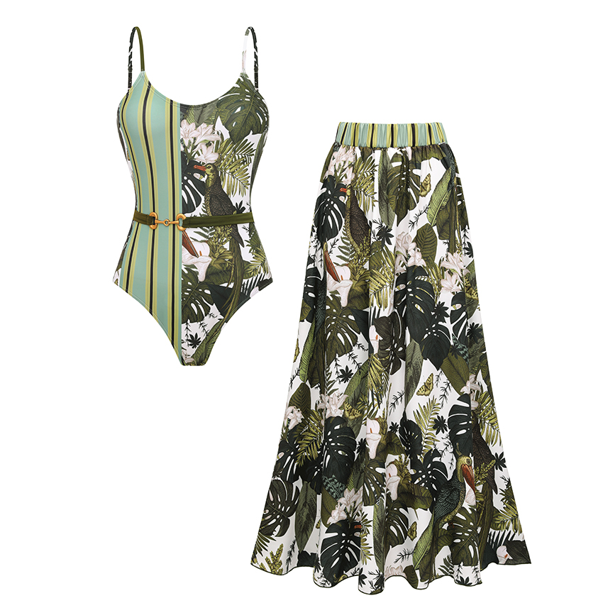 [Copy]Tie-shoulder Blue Leaves Print Swimsuit Set(s)