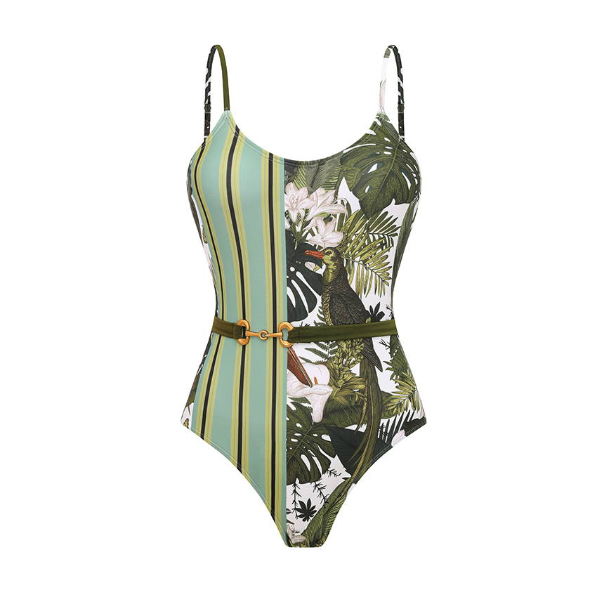 [Copy]Tie-shoulder Blue Leaves Print Swimsuit Set(s)