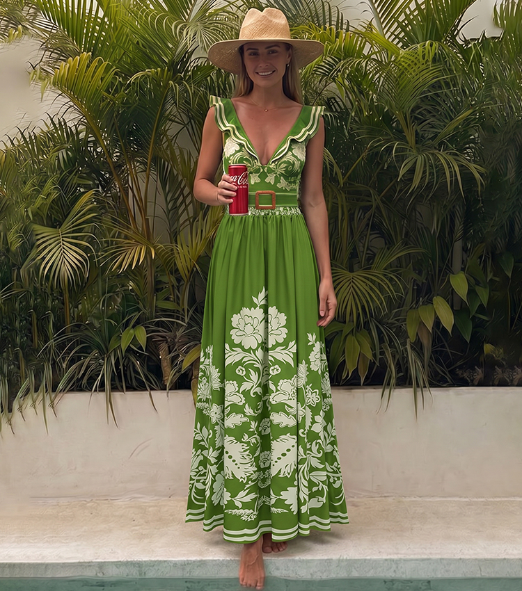 [Copy]Sling Cut Out Green Retro Printed Swimsuit Set(s)