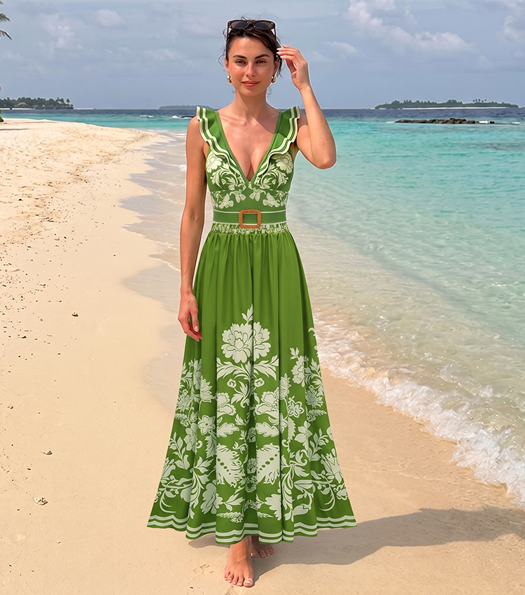 [Copy]Sling Cut Out Green Retro Printed Swimsuit Set(s)