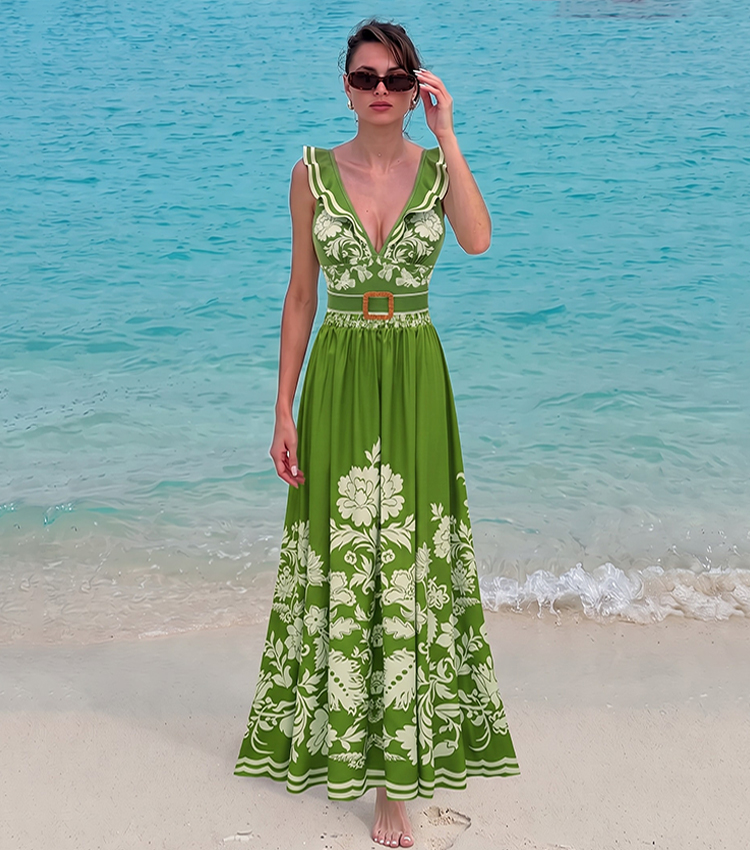 [Copy]Sling Cut Out Green Retro Printed Swimsuit Set(s)
