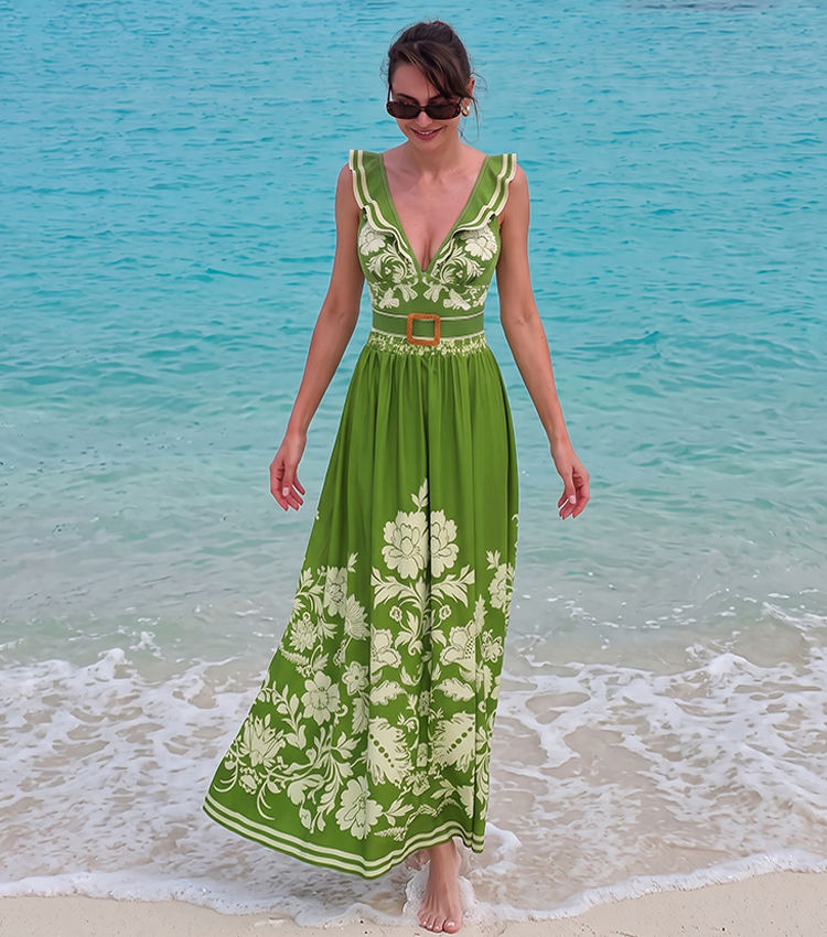 [Copy]Sling Cut Out Green Retro Printed Swimsuit Set(s)