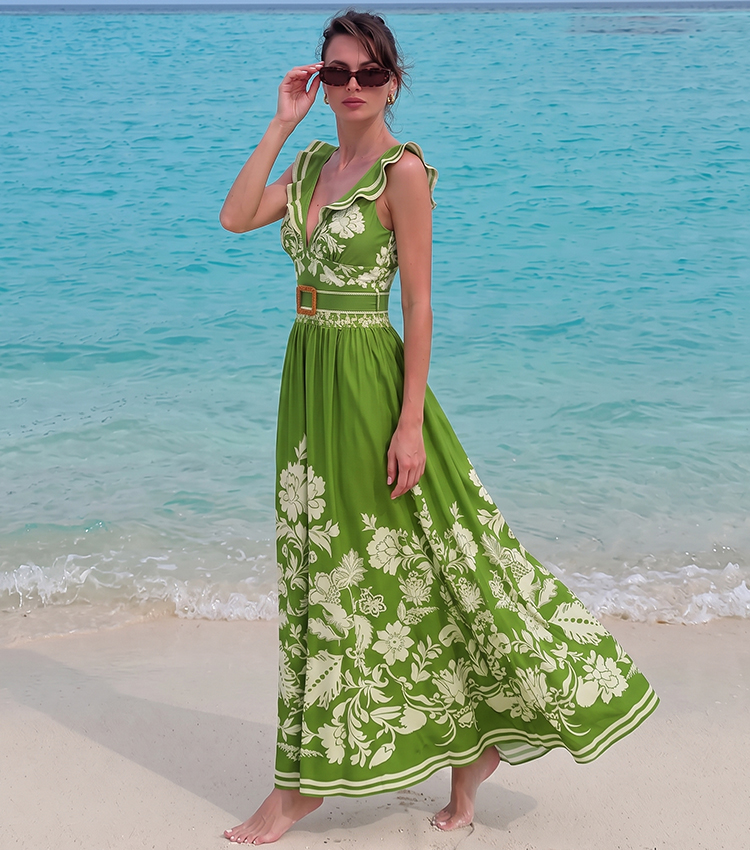 [Copy]Sling Cut Out Green Retro Printed Swimsuit Set(s)