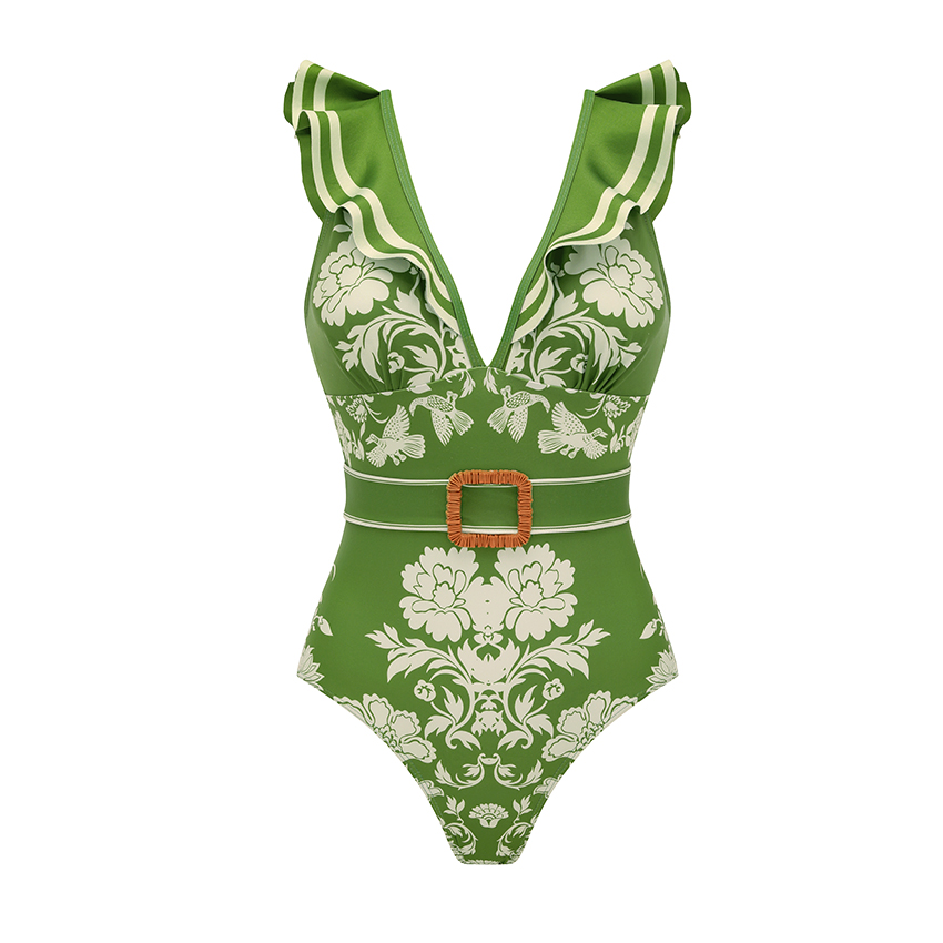 [Copy]Sling Cut Out Green Retro Printed Swimsuit Set(s)
