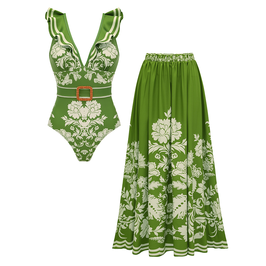 [Copy]Sling Cut Out Green Retro Printed Swimsuit Set(s)