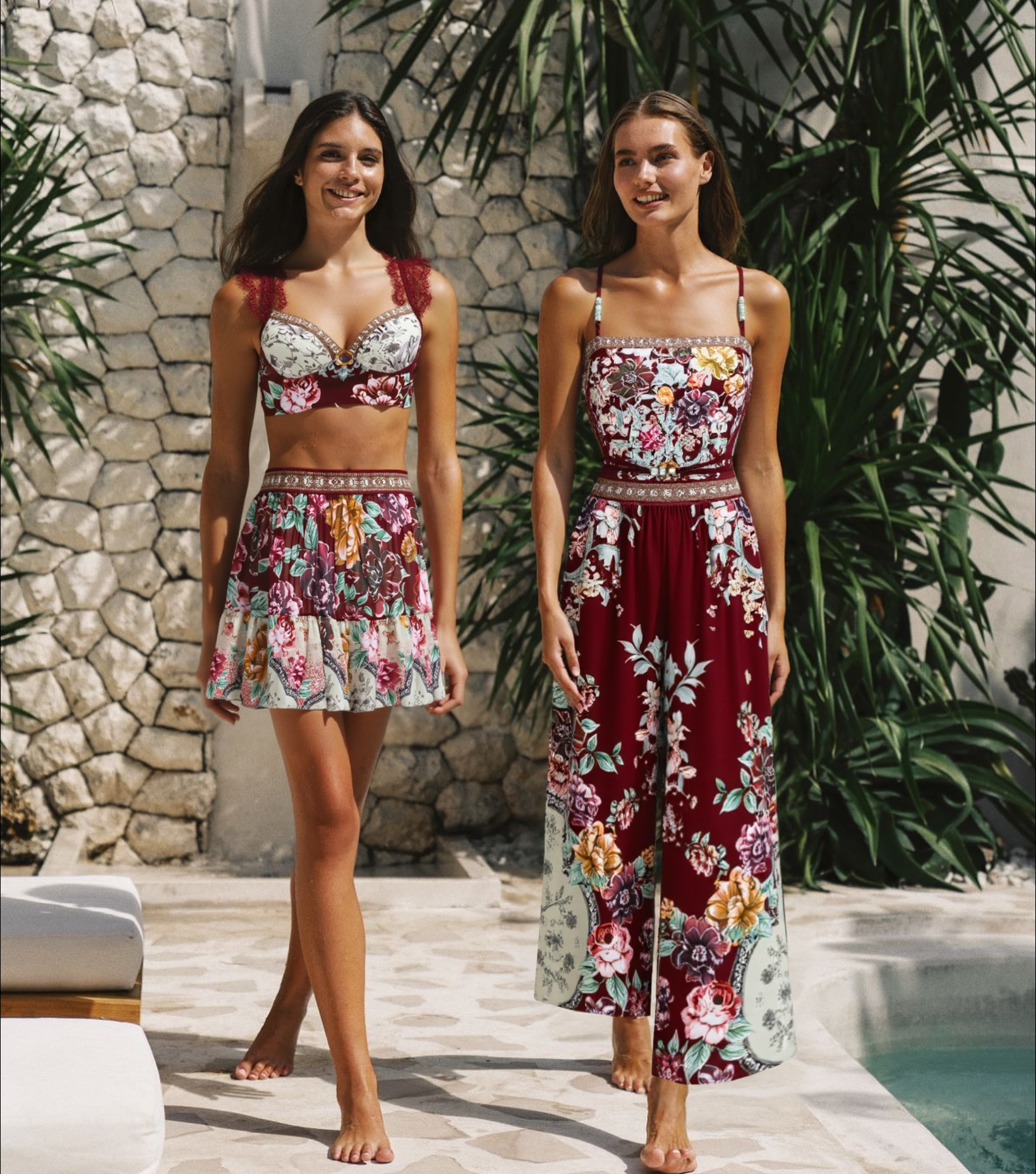 Lace Decoration Peony Print Swimsuit Set(s)