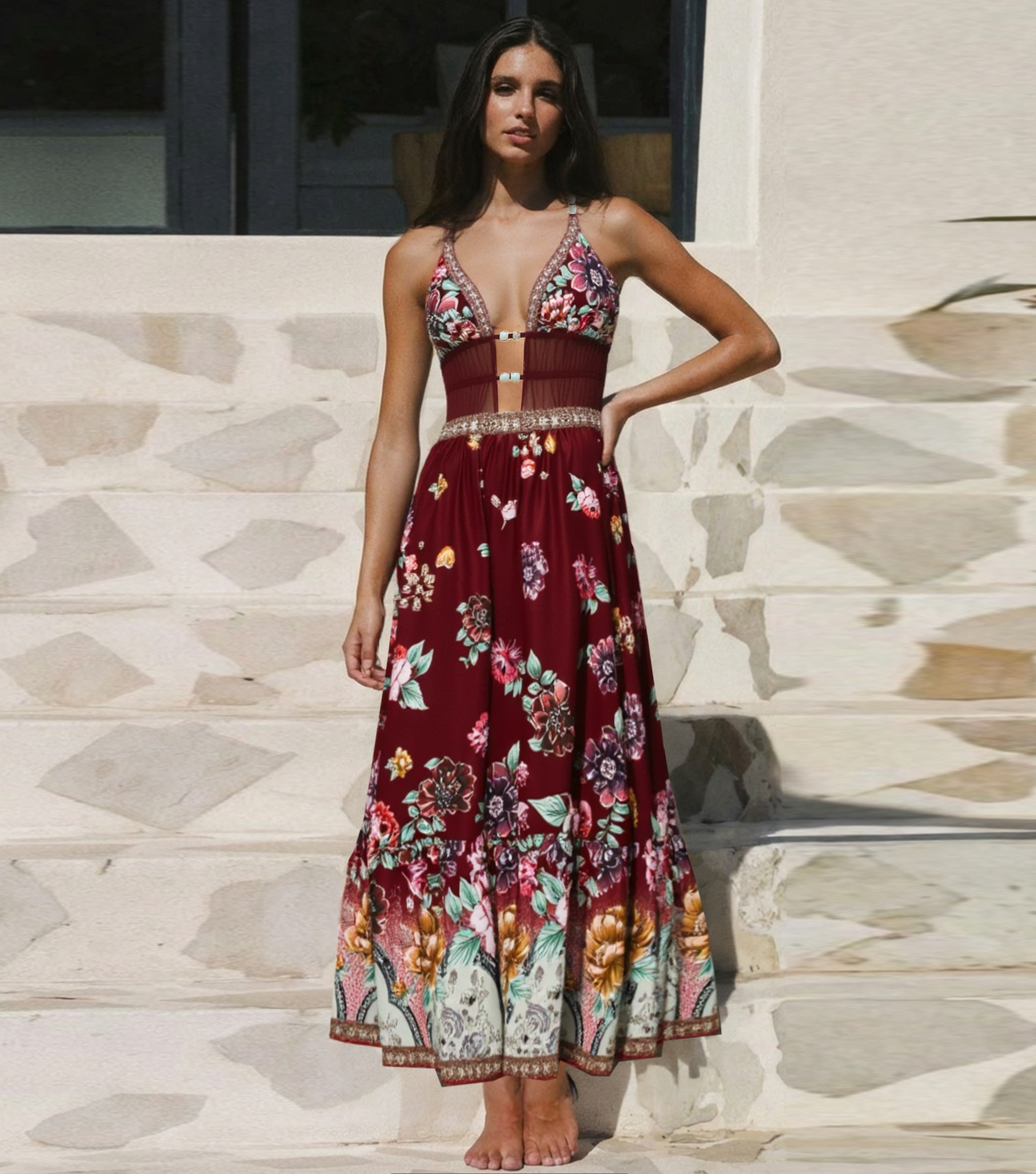 Hollow out Peony Print Swimsuit Set(s)