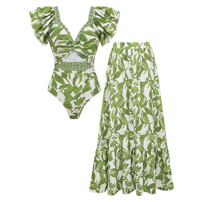 Ruffle V Neck Green Print Cut Out Swimsuit Set(s)