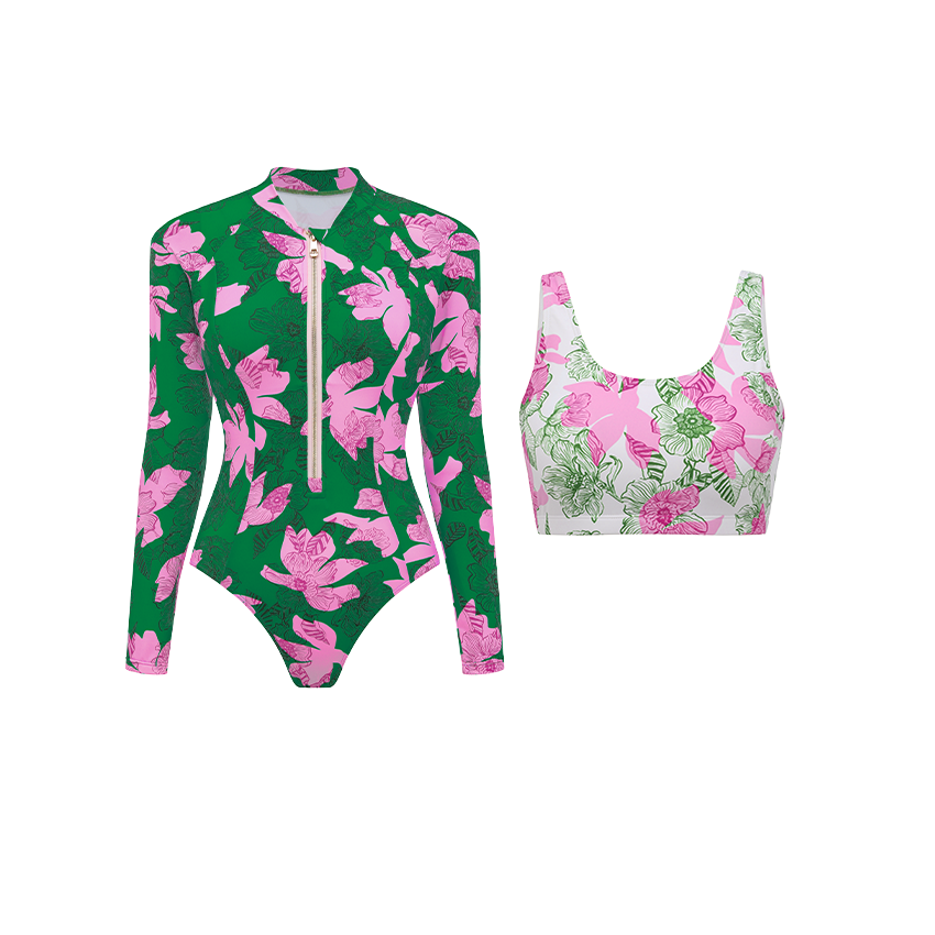 Zipper Printed Long Sleeve Rashguard Swimsuit Set(s)