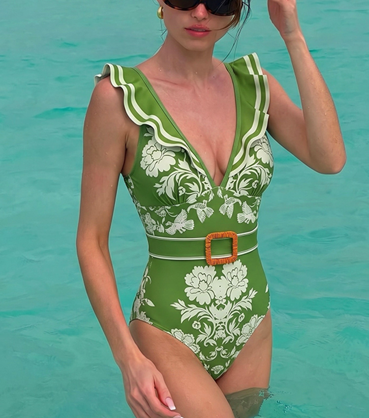 [Copy]Sling Cut Out Green Retro Printed Swimsuit Set(s)