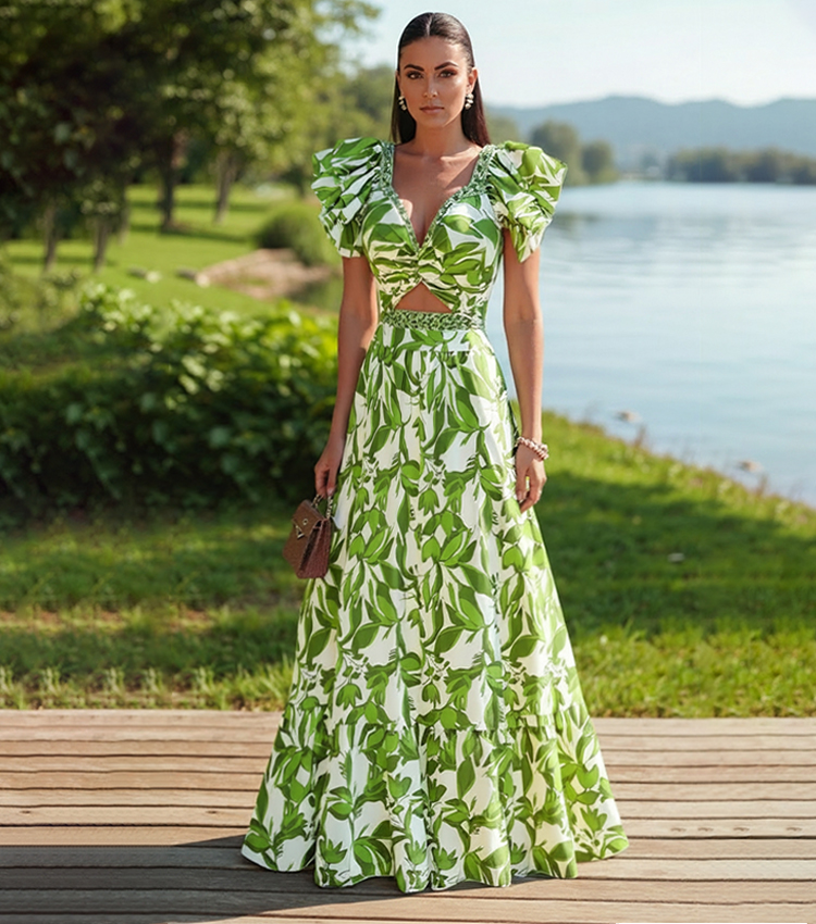 Ruffle V Neck Green Print Cut Out Swimsuit Set(s)