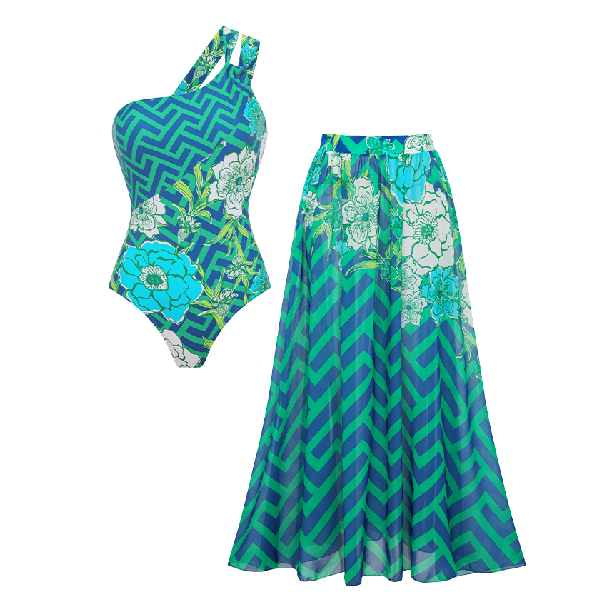 One Shoulder Blossom Print Swimsuit Set(s)