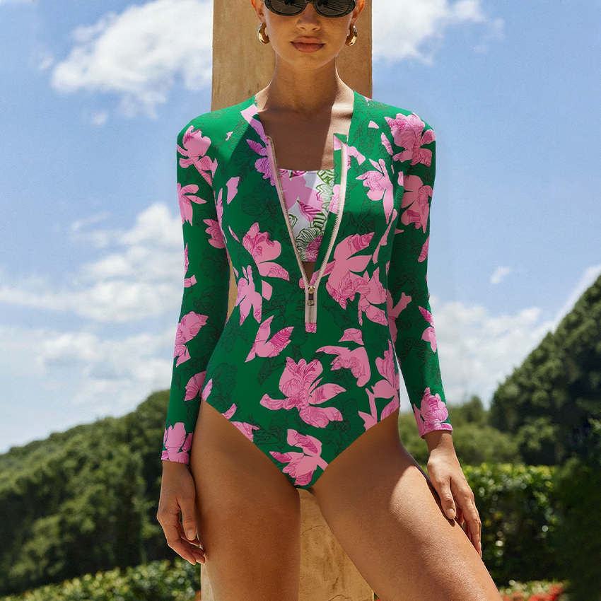 Zipper Printed Long Sleeve Rashguard Swimsuit Set(s)