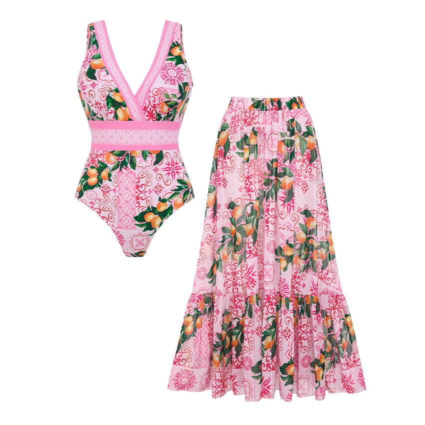 V Neck Lemon Print Swimsuit Set(s)