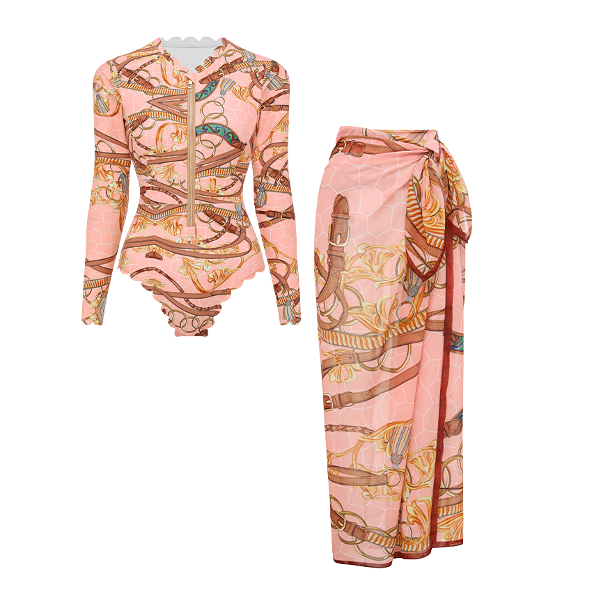 Lace Long Sleeve Rashguard Printed Swimsuit Set(s)