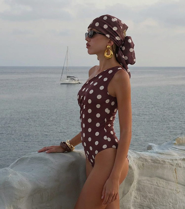 One Shoulder Dot Print Ruched Swimsuit Set(s)