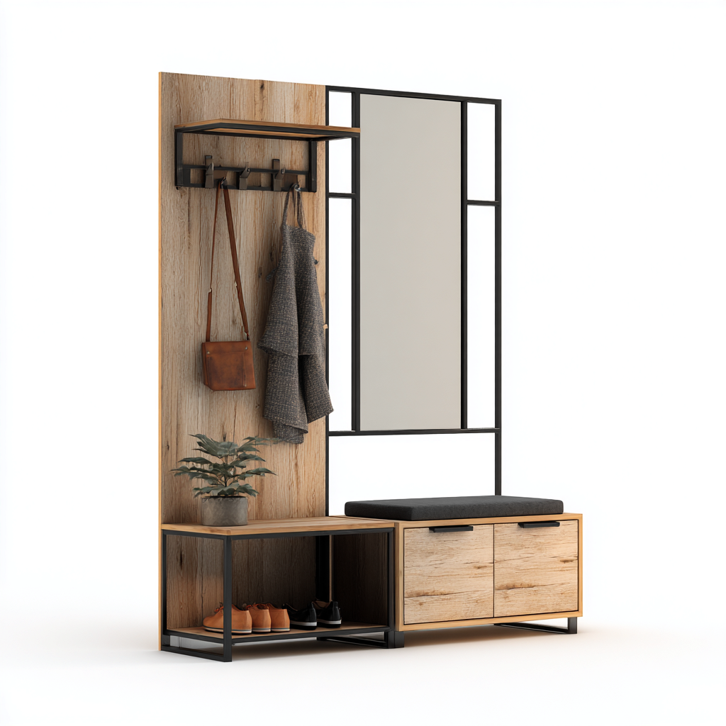 Attaccapanni legno e metallo 80x40x180 cm design moderno con specchio e panca-Placidin