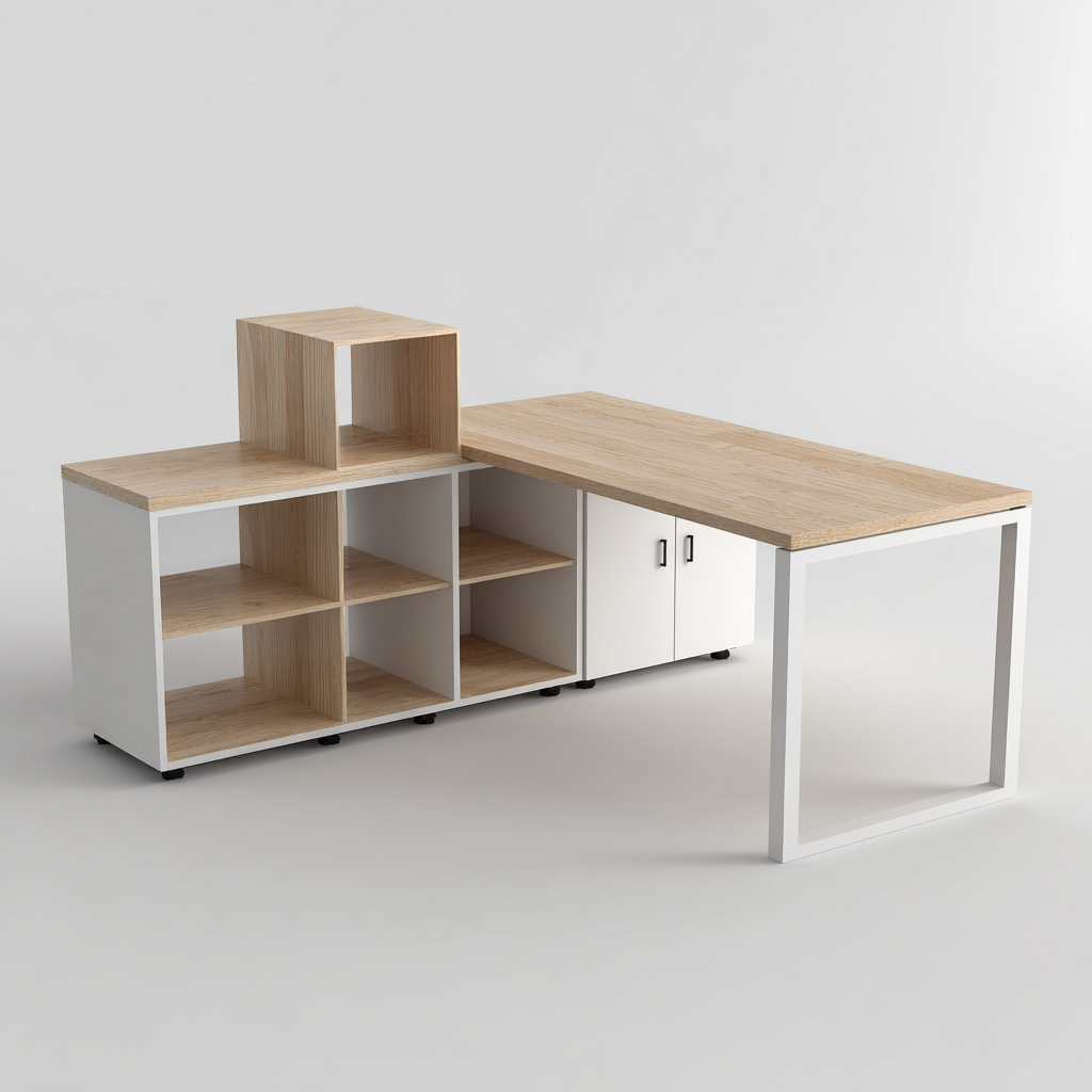 Scrivania angolare con scaffale 140x60x75 cm - legno chiaro-bianco - design moderno-Placidin