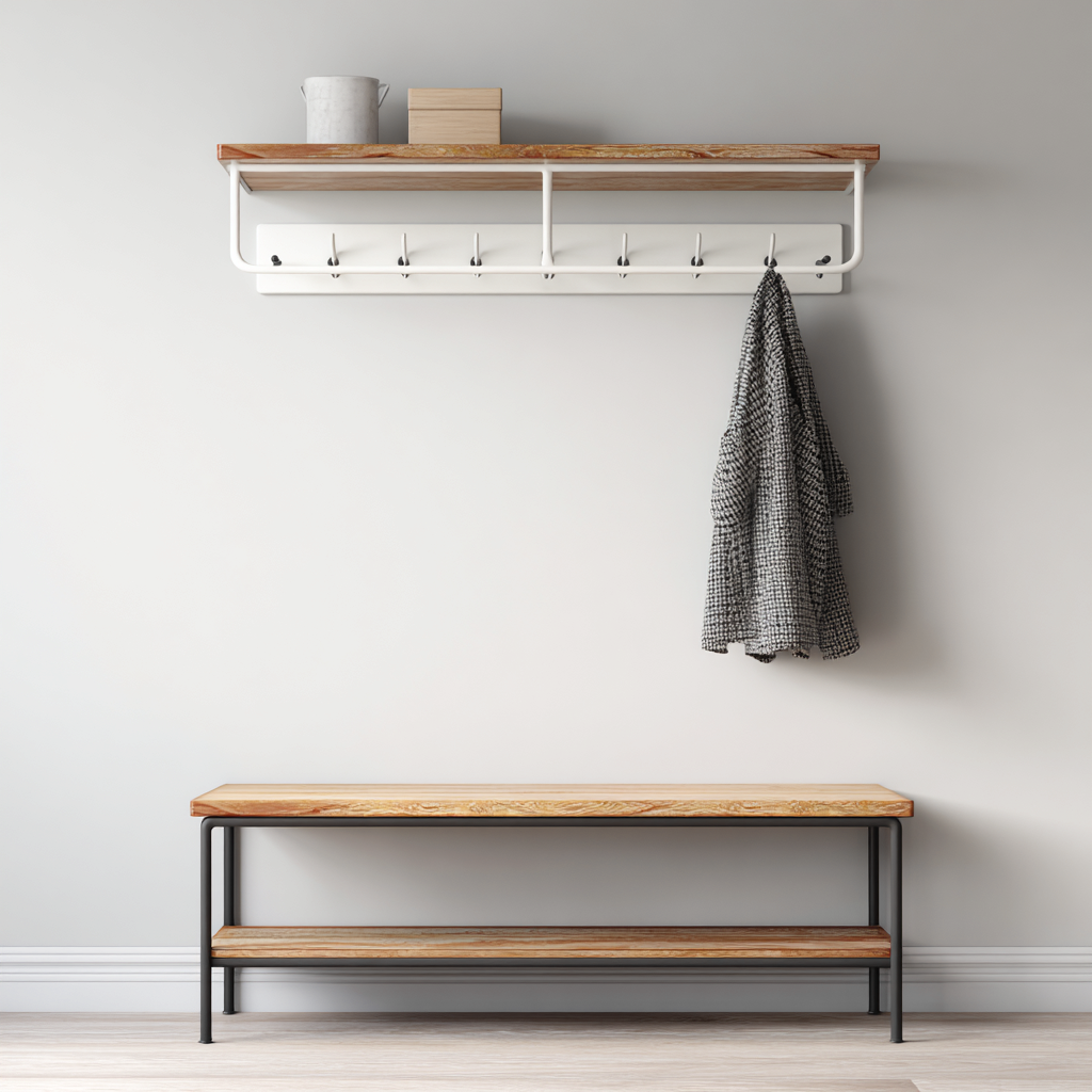 Attaccapanni con mensola e panca 90x40x180 cm - design moderno con struttura in metallo e legno-Placidin