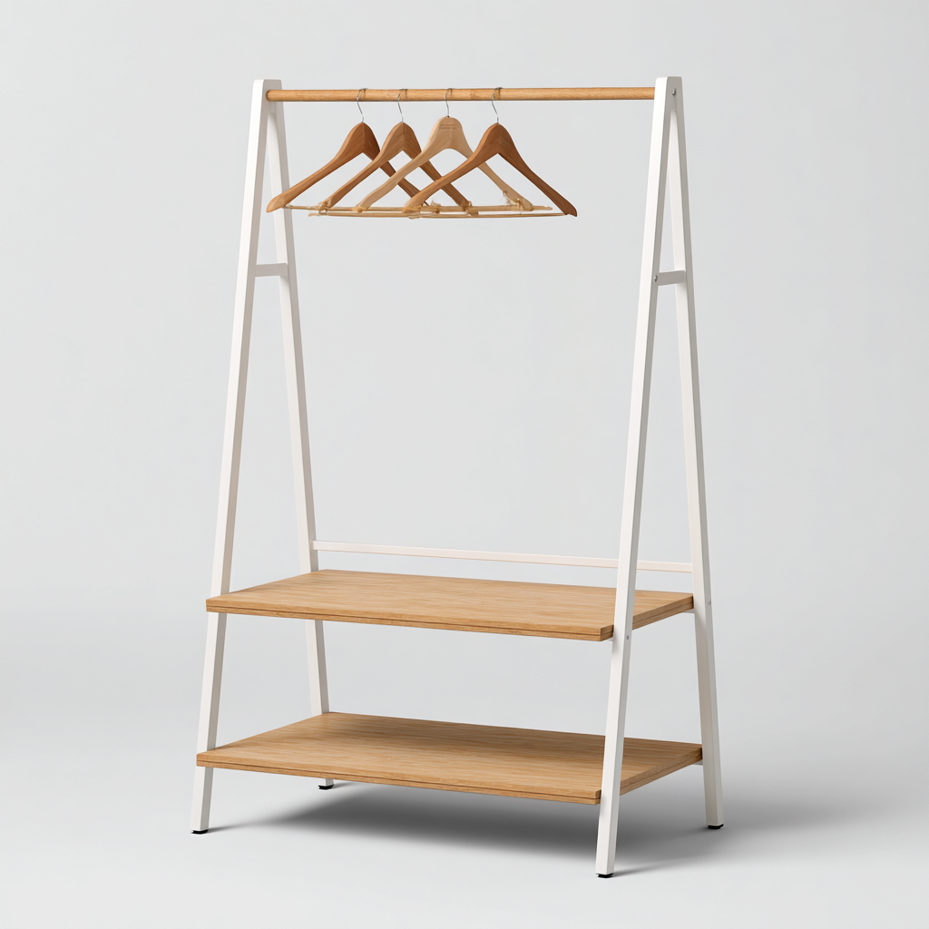 Attaccapanni in metallo e legno 80x40x160 cm - bianco-legno - design moderno per ingresso-Placidin