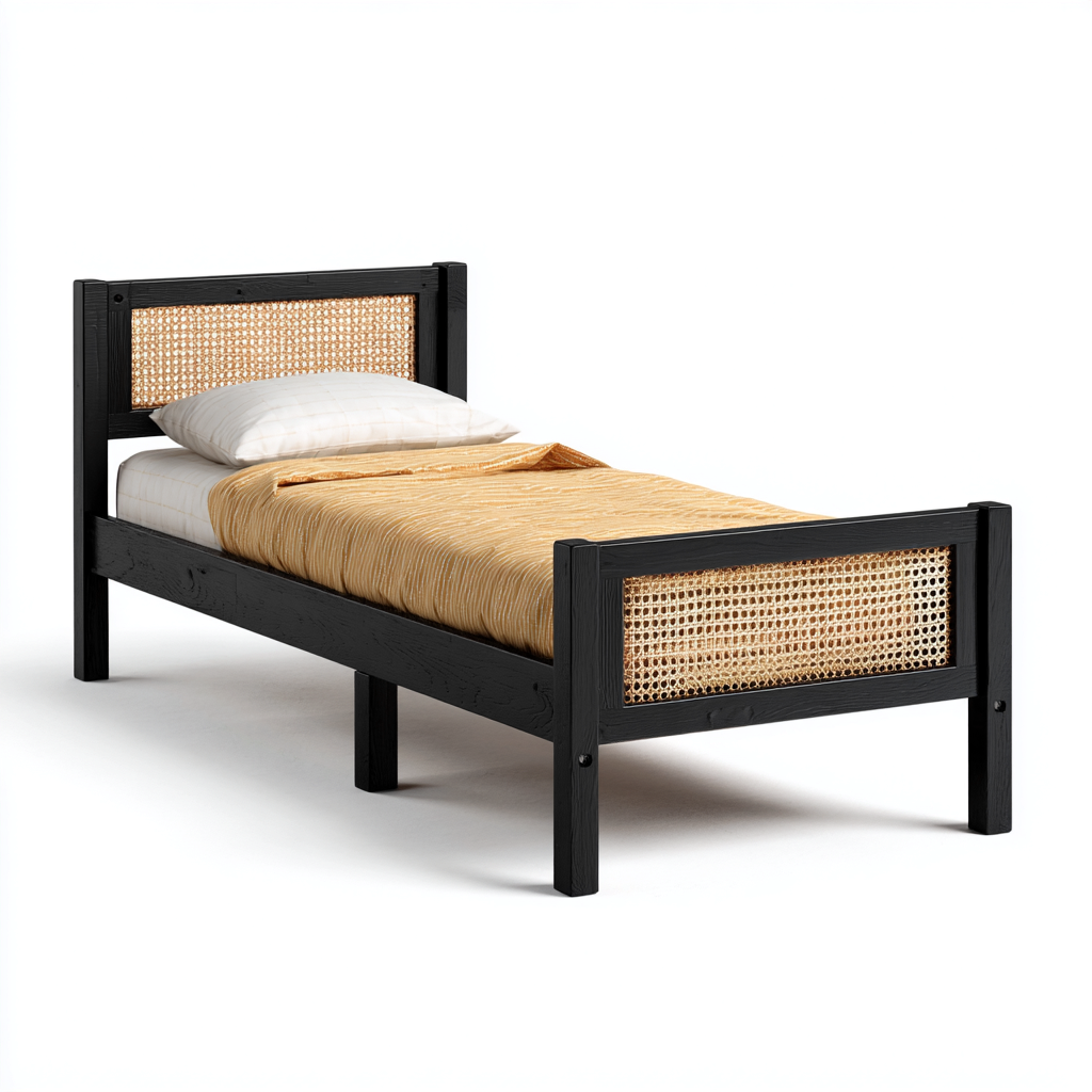 Letto singolo in legno nero 200x90x80 cm - con testata in rattan - design moderno-Placidin