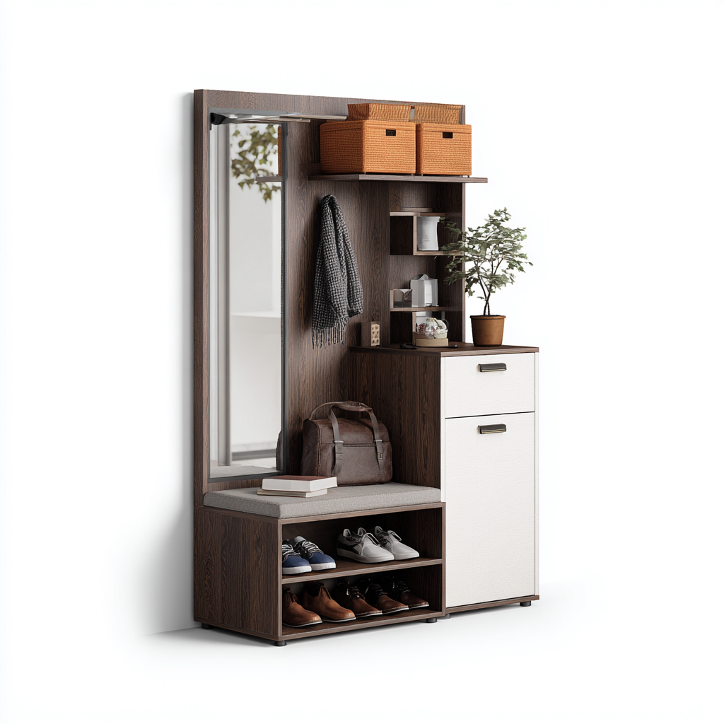 Attaccapanni con specchio e mensola 80x40x180 cm - design moderno con ripiani e contenitore-Placidin