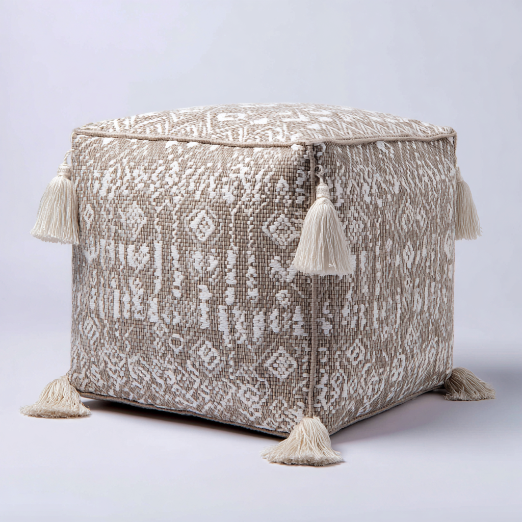 Pouf quadrato con nappe 45x45x45 cm - beige-bianco - stile boho-Placidin