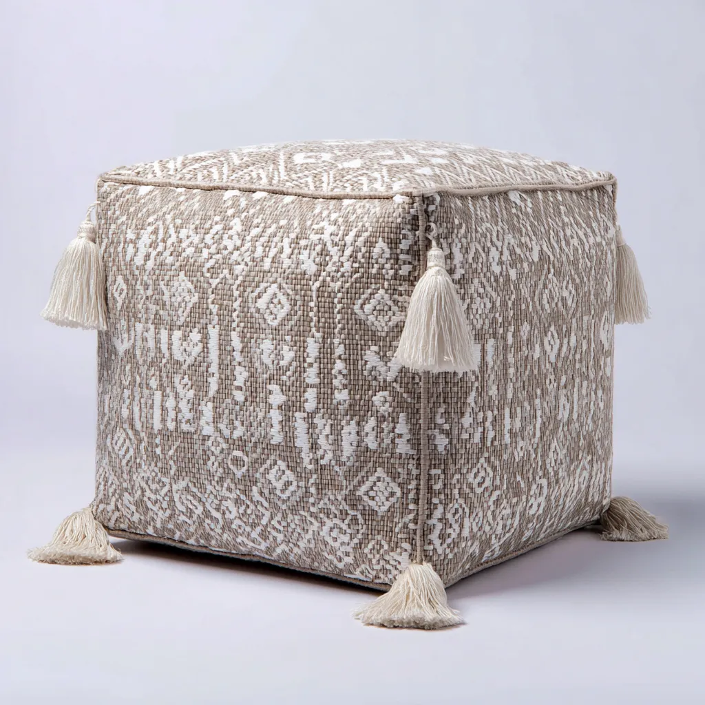 Pouf quadrato con nappe 45x45x45 cm - beige-bianco - stile boho-Placidin
