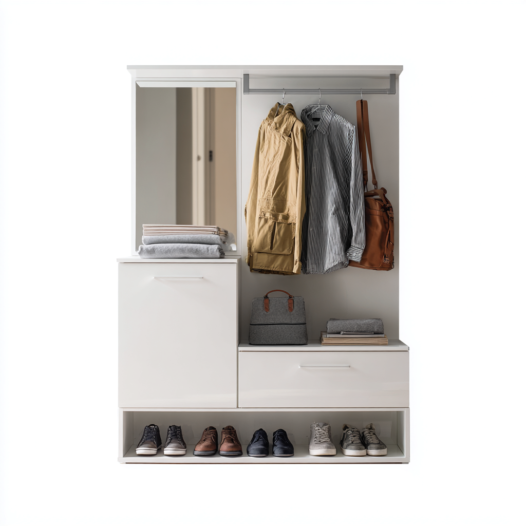 Attaccapanni con specchio e cassetti 80x40x180 cm bianco design moderno con barra per abiti-Placidin