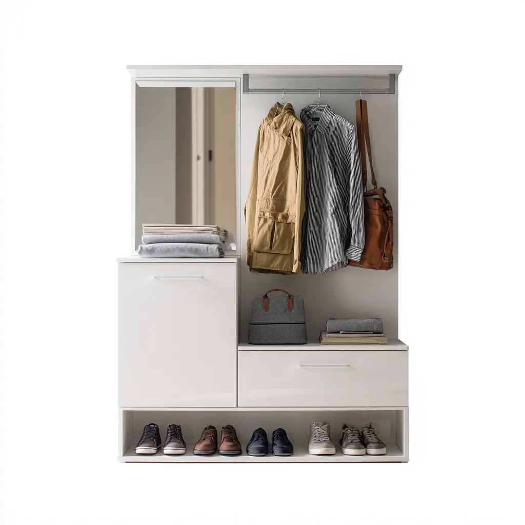 Attaccapanni con specchio e cassetti 80x40x180 cm bianco design moderno con barra per abiti-Placidin