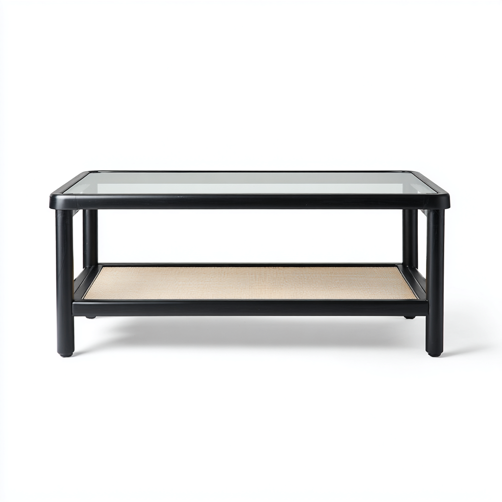 Tavolino da caffè vetro-rattan 110x55x45 cm - nero-naturale - design moderno-Placidin