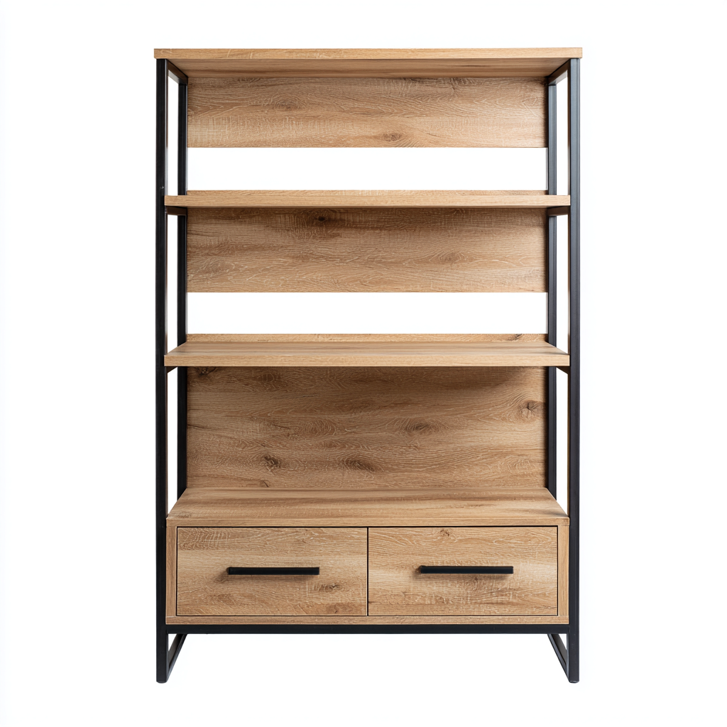 Libreria metallo 80x30x160 cm - nero-legno naturale - design industriale con cassetti-Placidin