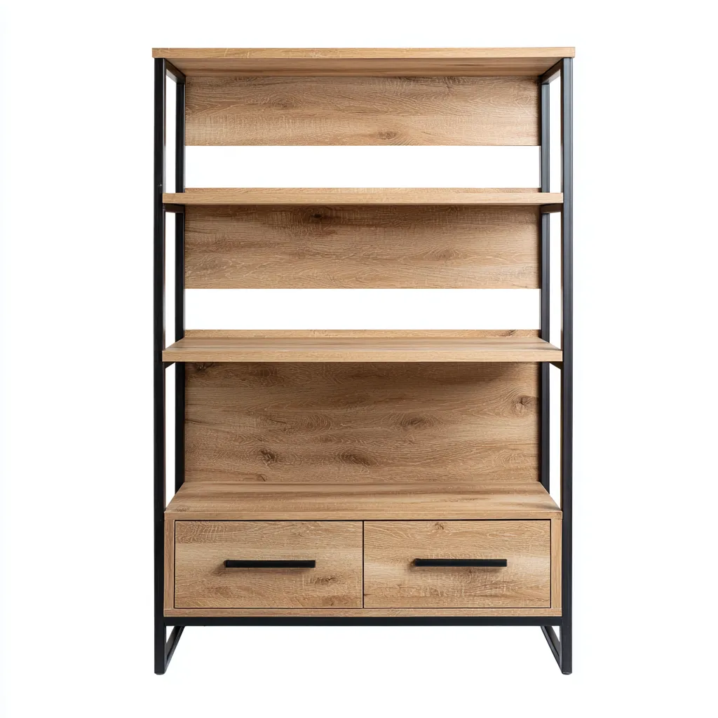 Libreria metallo 80x30x160 cm - nero-legno naturale - design industriale con cassetti-Placidin