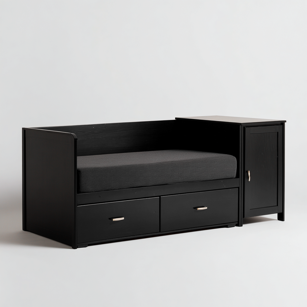 Divano letto in legno nero 200x90x80 cm - con cassetti e armadio - design moderno-Placidin