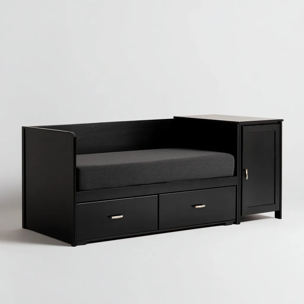 Divano letto in legno nero 200x90x80 cm - con cassetti e armadio - design moderno-Placidin