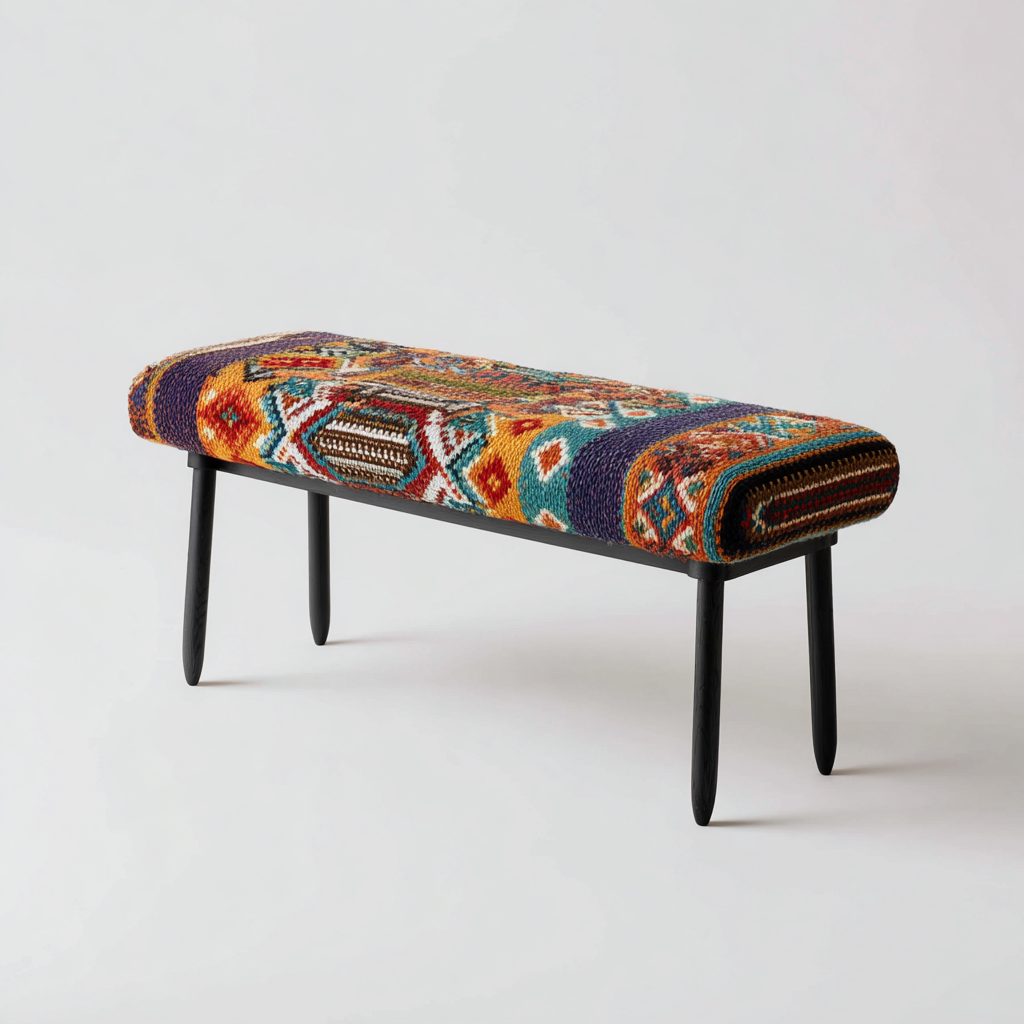 Panca da ingresso con seduta intrecciata e gambe in legno 120x40x45 cm - design boho-chic colorato-Placidin