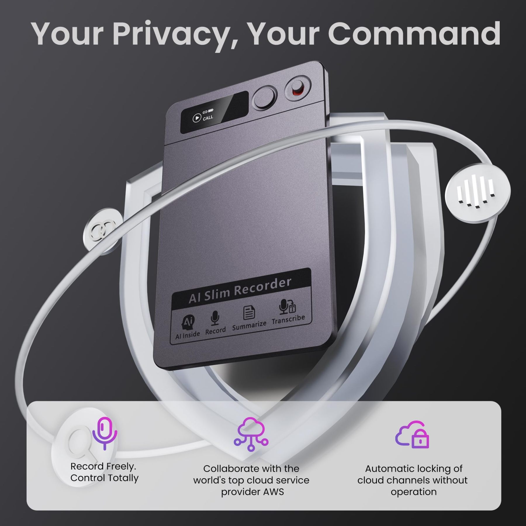 Recora KP70 AI Voice Recorder - 118 Languages & AI Summary, Ultra-Thin Portable Design