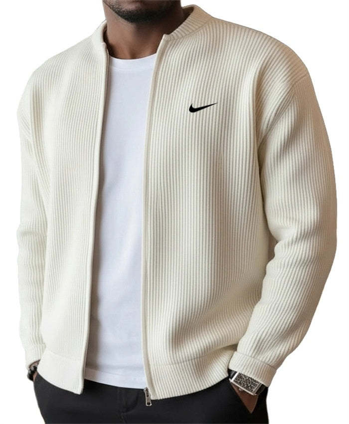 Men's Simple Casual Ribbed Stand Collar Zipper Long Sleeved Jacket