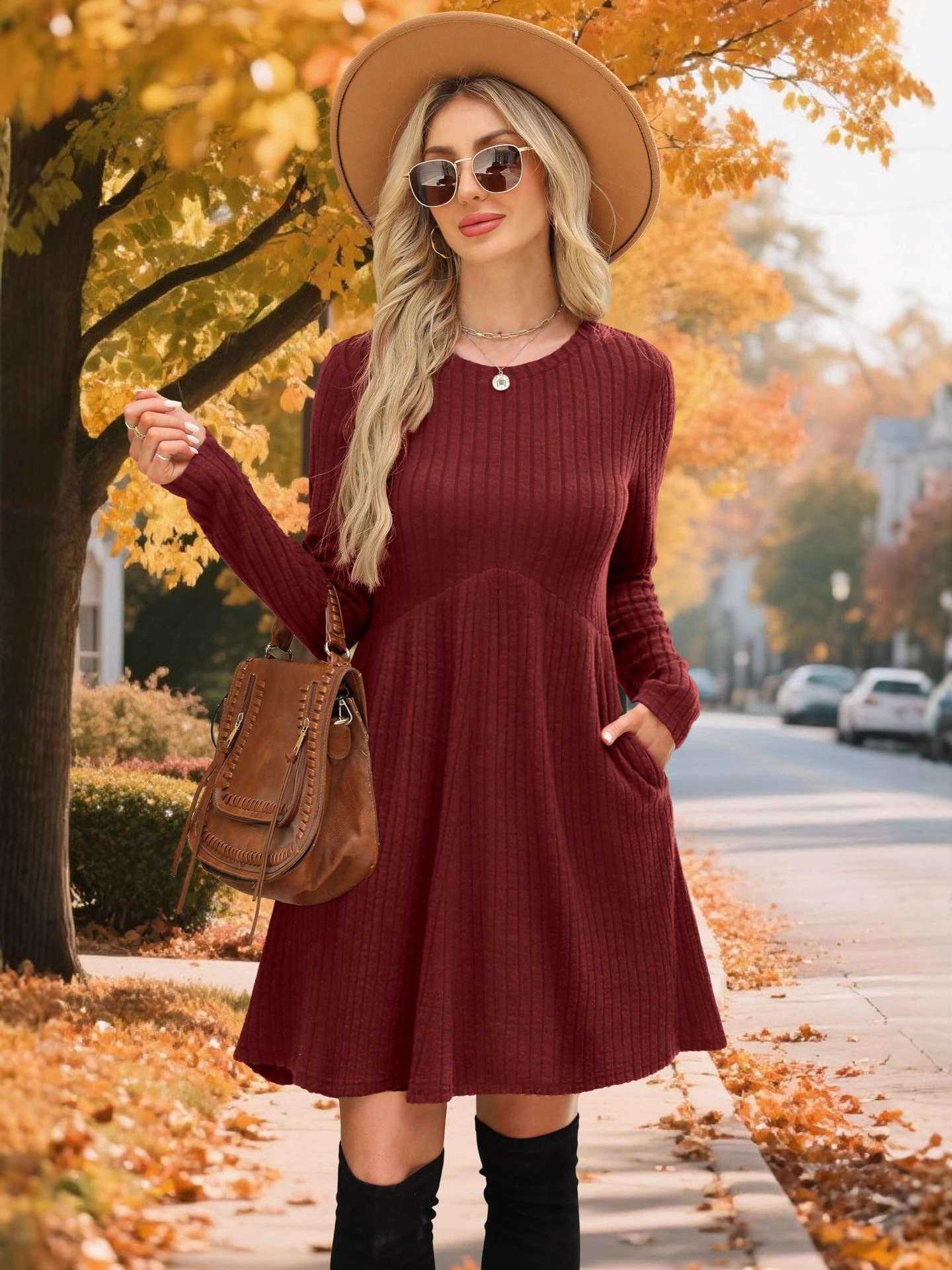 Round-neck, belted dress