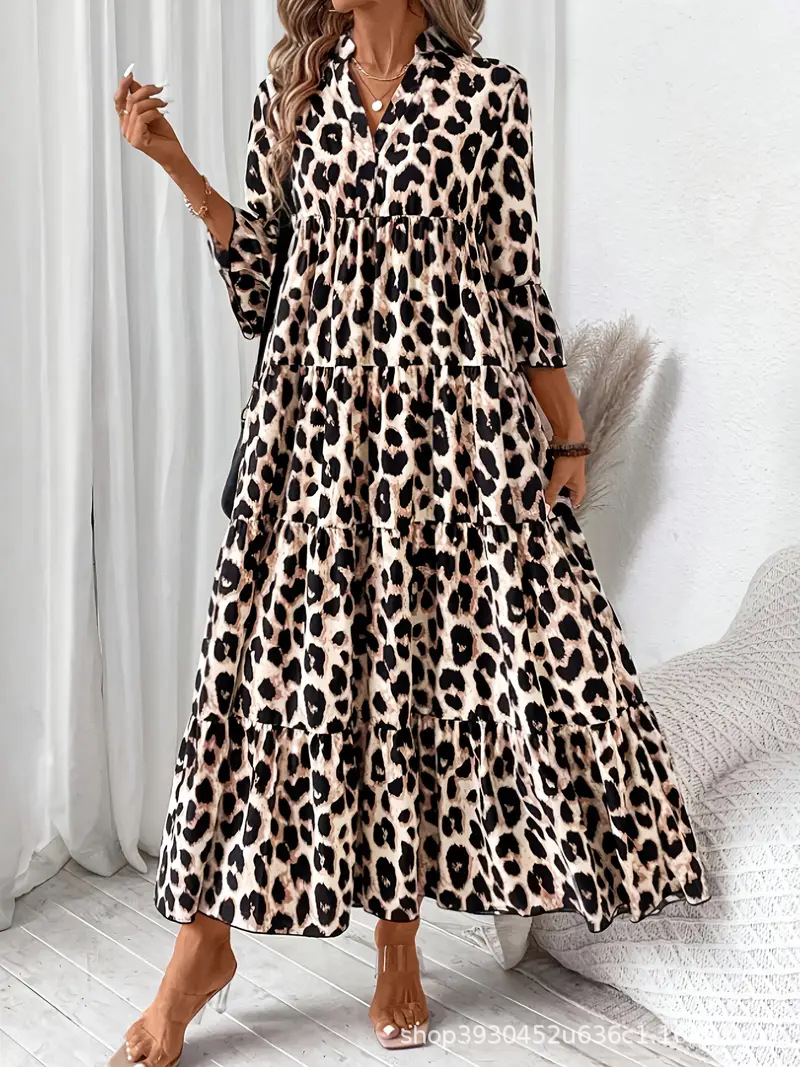 Leopard 3/4 Sleeve Midi Dress